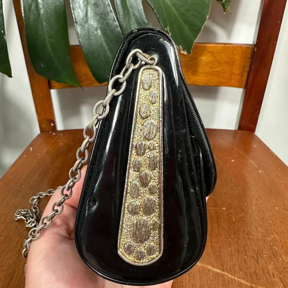 Vintage Evening Bag Womens Small‎ Black Good Patent Chain Strap Clutch